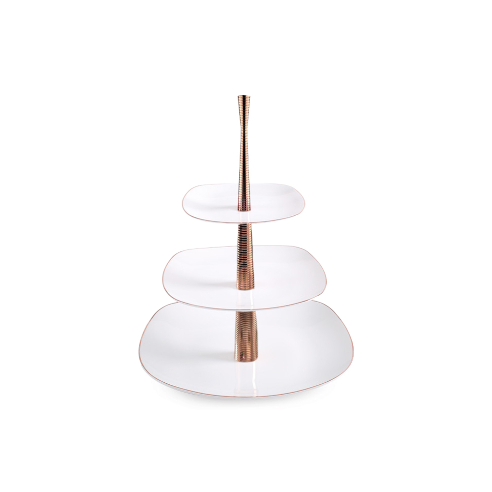 ظرف پذیرایی سه طبقه کواترو خط قهوه ای با پایه رزگلد شیاردار