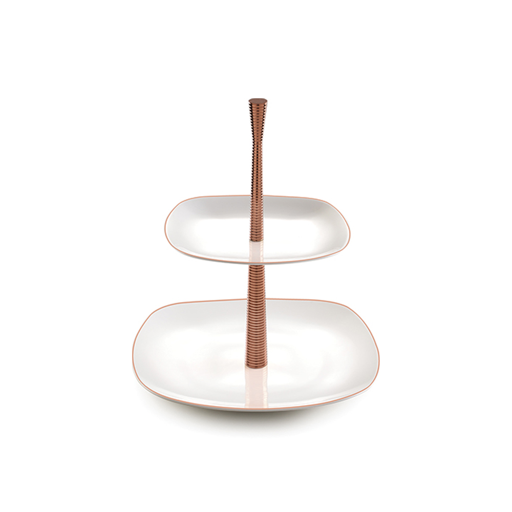 ظرف پذیرایی دو طبقه کواترو خط قهوه ای با پایه رزگلد شیاردار